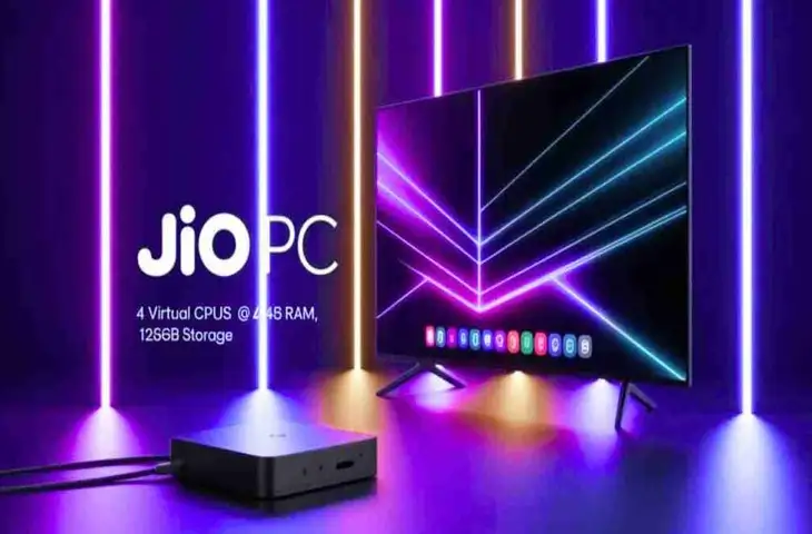 Illustration of a TV screen transforming into a computer desktop with JioPC branding, connected to a Jio Set-Top Box, keyboard, and mouse.