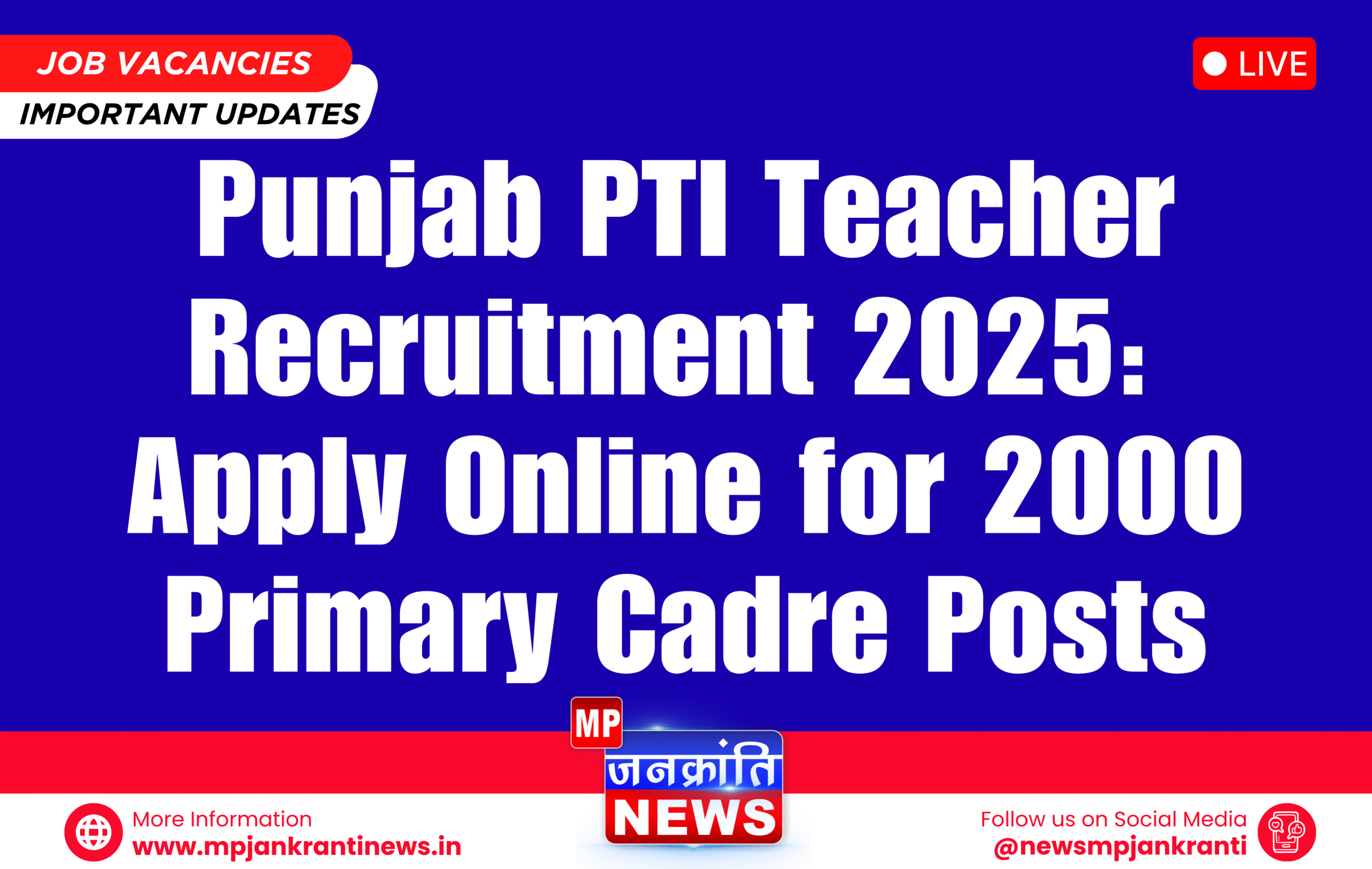 Punjab PTI Teacher Recruitment 2025 official notification image with Punjab Education Recruitment Board logo and 2000 vacancies.