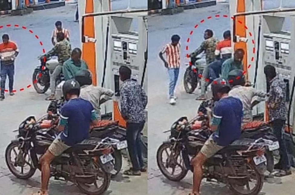 A close-up of a "No Helmet No Petrol" sign on a petrol pump, with a blurred image of a motorcycle rider nearby, symbolizing the rule and its enforcement challenge.
