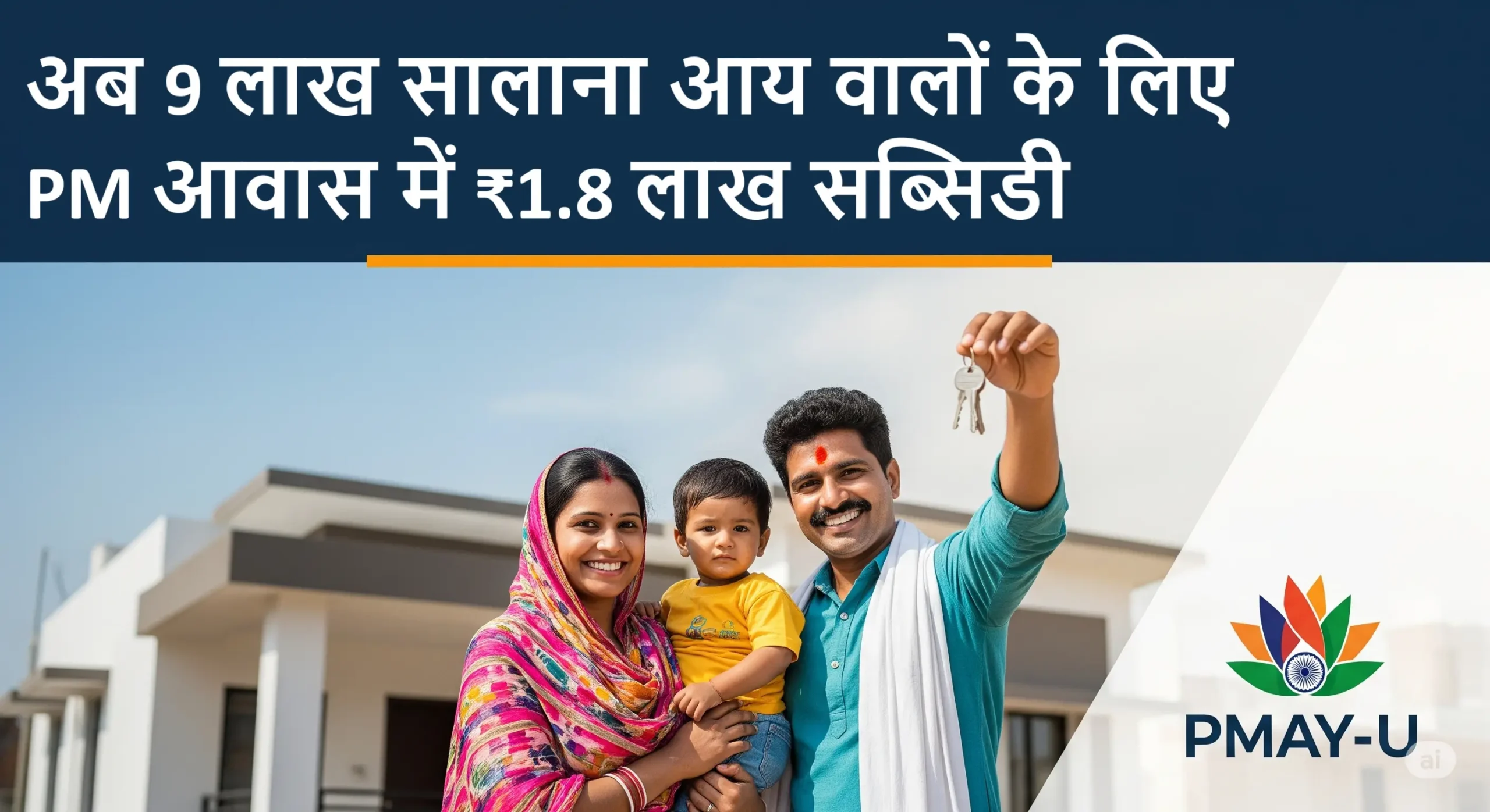 प्रधानमंत्री आवास योजना शहरी के तहत नया घर प्राप्त करता एक खुशहाल परिवार।