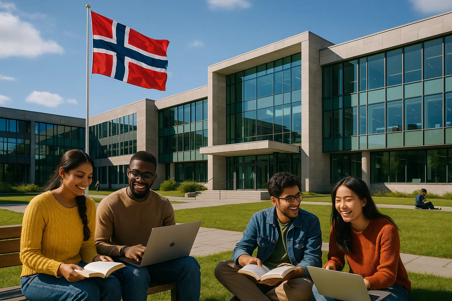 International students studying at Norwegian university campus