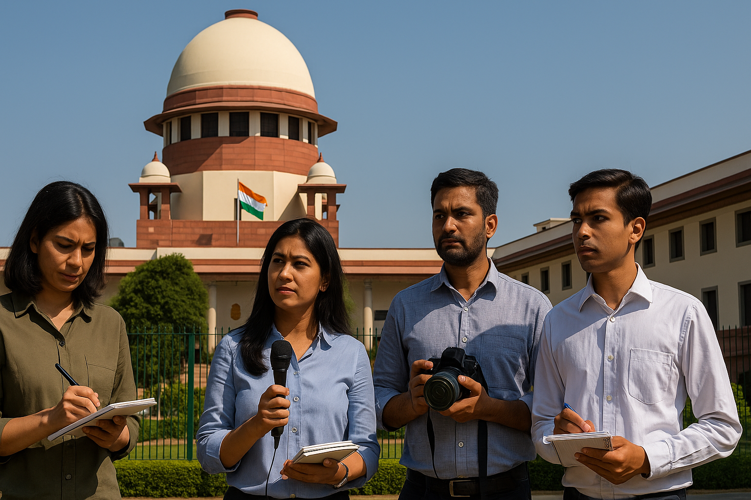 सुप्रीम कोर्ट के न्यायाधीशों की पीठ की तस्वीर जिसके ऊपर 'अभिव्यक्ति की स्वतंत्रता' लिखा हुआ है।