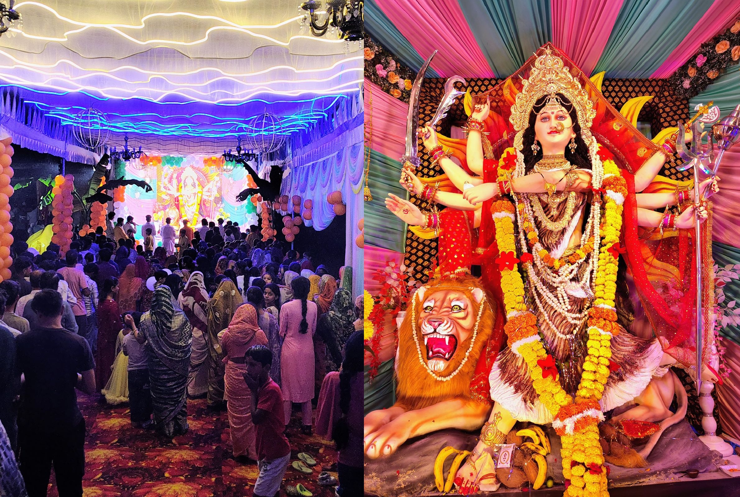 मंडला के बीजाडांडी में दुर्गा उत्सव पंडाल की भव्य सजावट, जिसमें माँ दुर्गा की प्रतिमा विराजमान है और श्रद्धालु आरती करते हुए दिख रहे हैं।